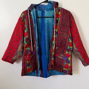 Vintage Reversible Patchwork Hooded Jacket Boho Multicolor Small Medium